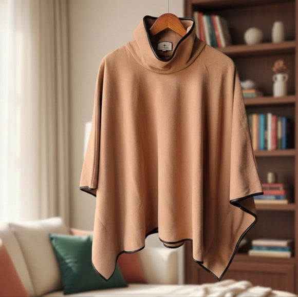 Tuckernuck Jackets & Blazers - Tuckernuck Piper Poncho Camel color One Size Faux Leather Trim Funnel Neck